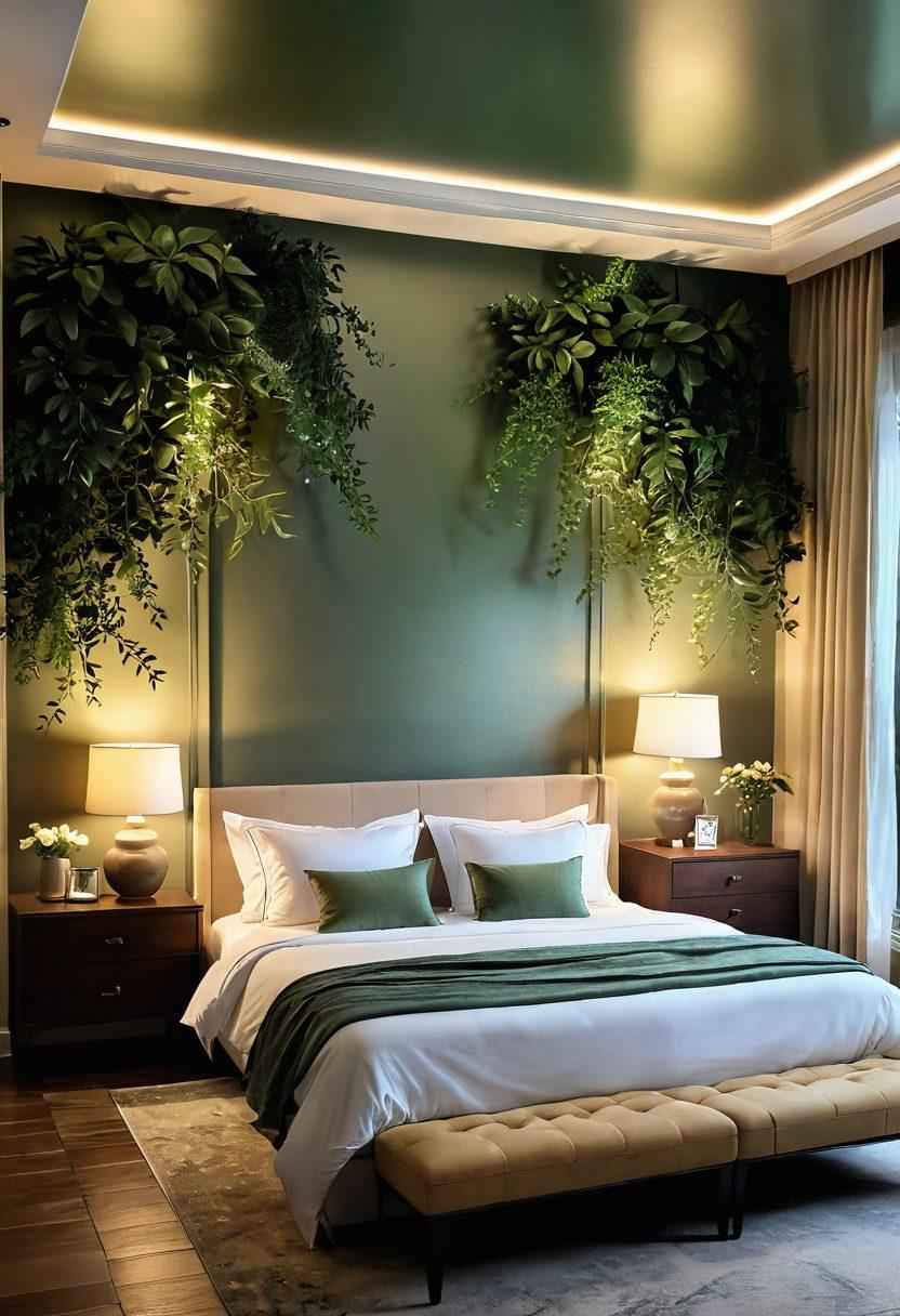 A serene and inviting bedroom setting, featuring soft lighting, a plush bed adorned with luxurious fabrics, and two silhouettes engaging in a gentle touch, radiating warmth and connection. Incorporate elements of nature, like green plants and calming water features in the background, to symbolize growth and tranquility in relationships. The overall atmosphere should evoke feelings of intimacy and comfort. super-realistic. warm tones. soft focus.
