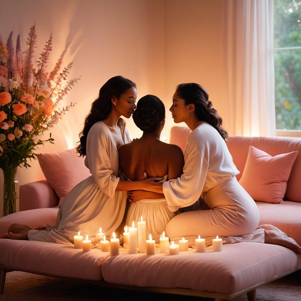 A serene scene depicting a diverse group of individuals embracing self-love, surrounded by soft, glowing light. The atmosphere is infused with warmth and intimacy, featuring elements like candles, flowers, and comfortable seating. Subtle hints of sensuality are present through soft fabrics and gentle touches, symbolizing connection and affection. Include calming pastel colors to promote tranquility and love. super-realistic. vibrant colors. soft focus.