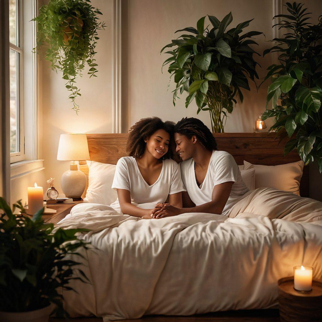 A warm and inviting bedroom scene, featuring a couple sharing a heartfelt moment, surrounded by soft lighting and lush plants, symbolizing emotional connection and intimacy. Subtle elements of health, such as a journal and a candle, enhance the atmosphere of self-care and love. The background should evoke a sense of comfort and serenity. soft focus. romantic tones. 3D.